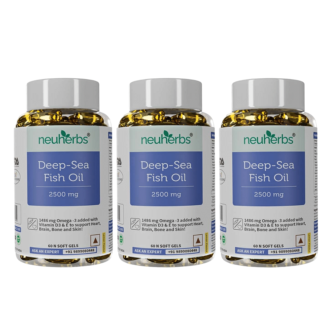 Neuherbs Deep Sea Omega 3 Fish Oil - Omega 3 Supplement Triple Strength 2500 Mg, Fish Oil softgels With No Fishy Burps with Lemon Flavour- 180 Softgel (60 Softgel Pack of 3) for Men and wome