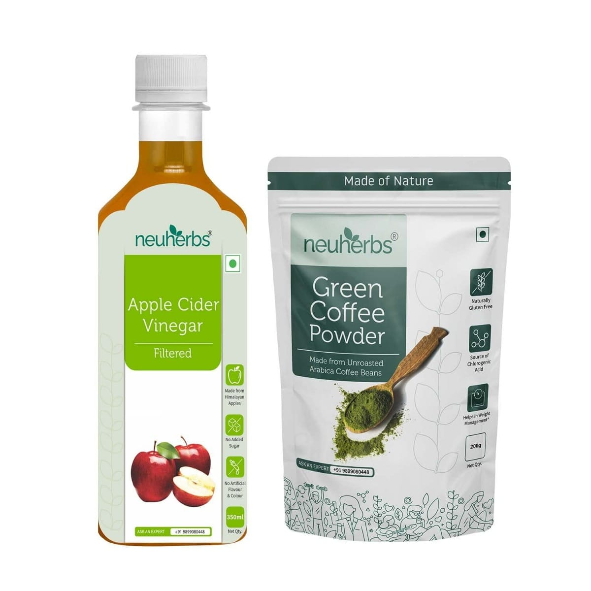 Neuherbs Green coffee bean powder-200g and Apple cider vinegar Filter-350 ml for Weight Management, Better Digestion & Boosted Immunity