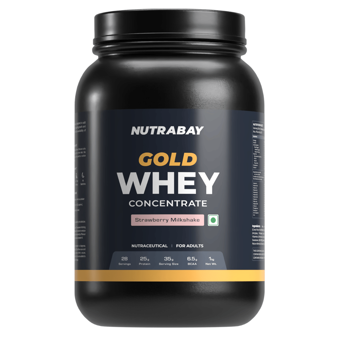 Nutrabay Gold 100% Whey Protein Concentrate with Digestive Enzymes - 25g Protein | Protein Powder for Muscle Support & Recovery - Strawberry Milkshake, 1 kg