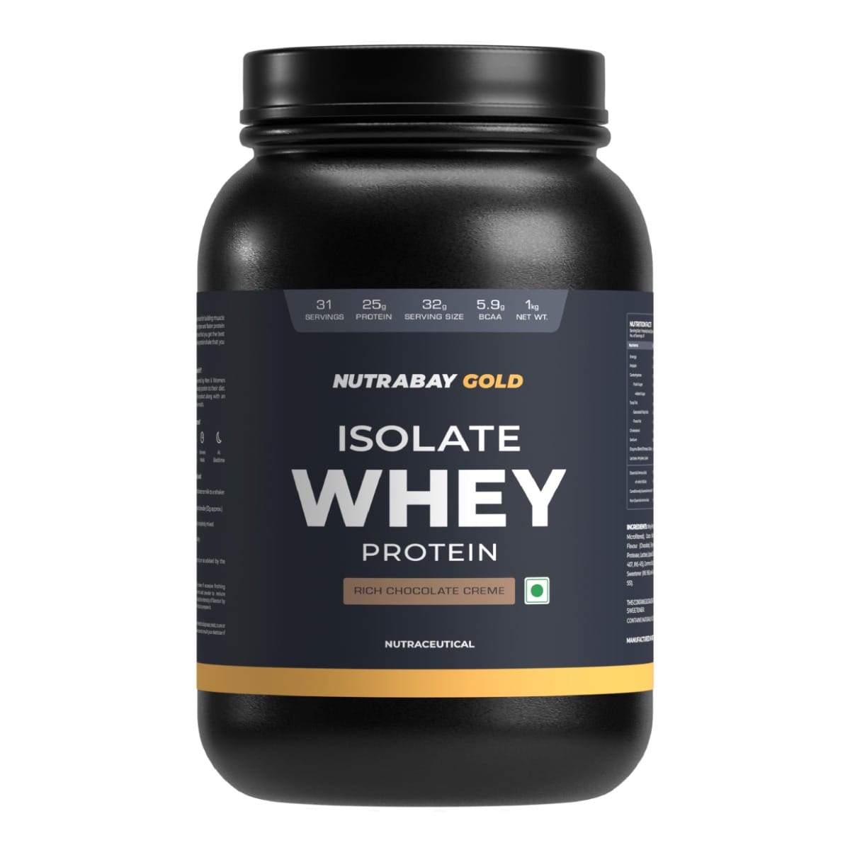 Nutrabay Gold Whey Protein Isolate 1Kg | 31 Serving | 25g Protein | Rich Chocolate Creme Flavour | Build Muscle | Fast Recovery