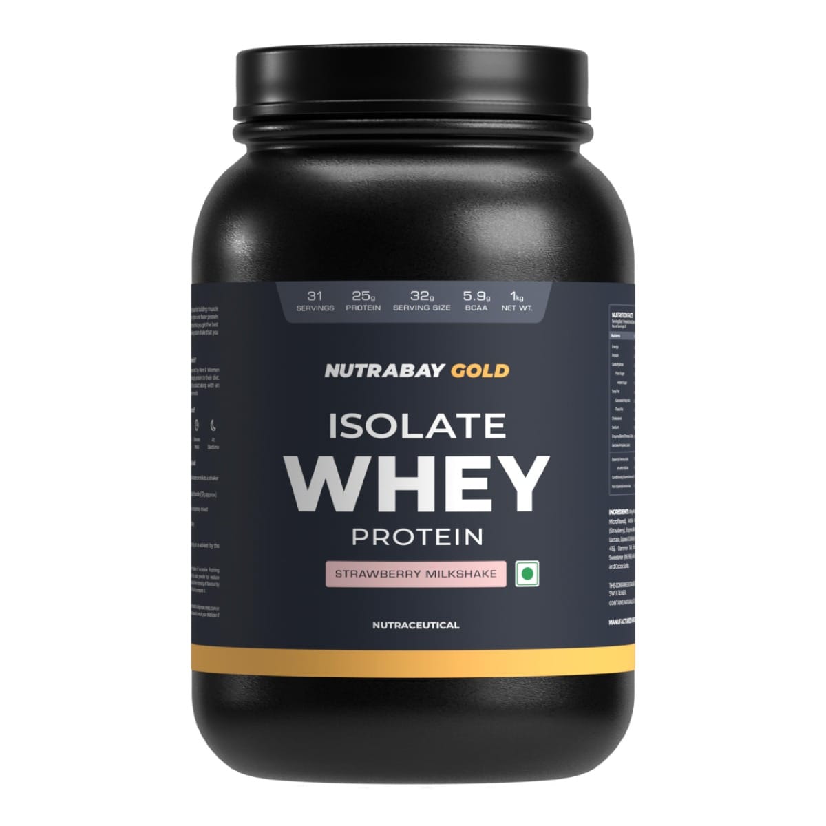 Nutrabay Gold 100% Whey Protein Isolate with Digestive Enzymes - 25g Protein | Protein Powder for Muscle Support & Recovery - Strawberry Milkshake, 1 kg