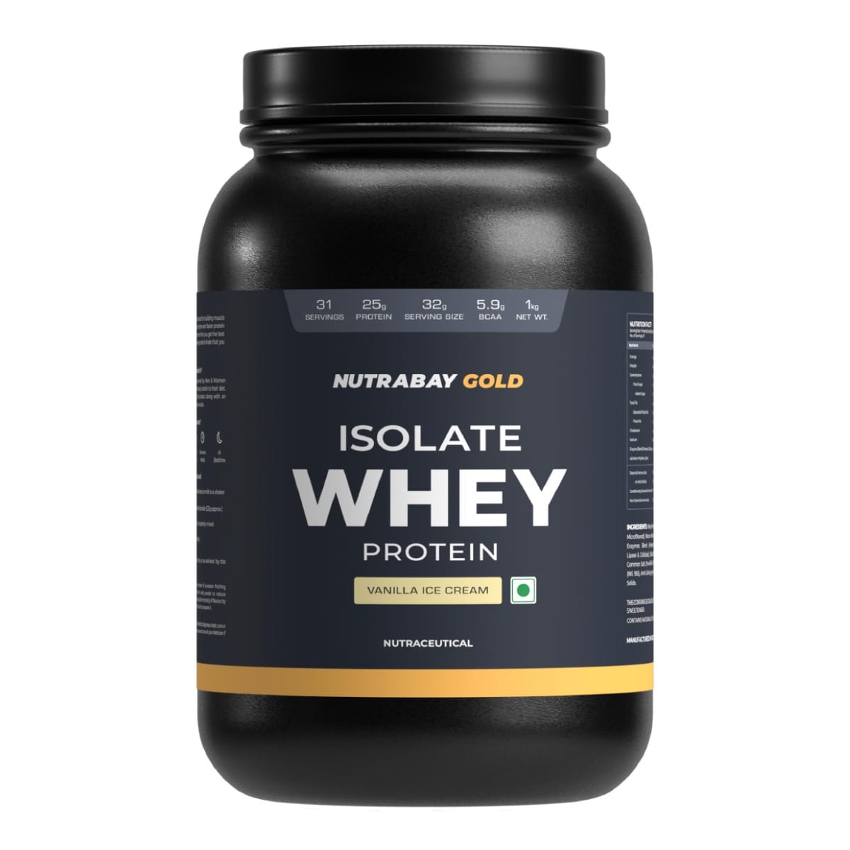 Nutrabay Gold 100% Whey Protein Isolate with Digestive Enzymes - 25g Protein | Protein Powder for Muscle Support & Recovery - Vanilla Icecream, 1 kg