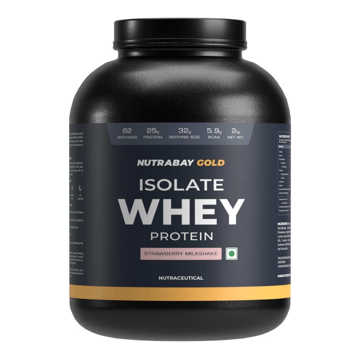 Nutrabay Gold 100% Whey Protein Isolate with Digestive Enzymes - 25g Protein | Protein Powder for Muscle Support & Recovery - Strawberry Milkshake, 2 kgs