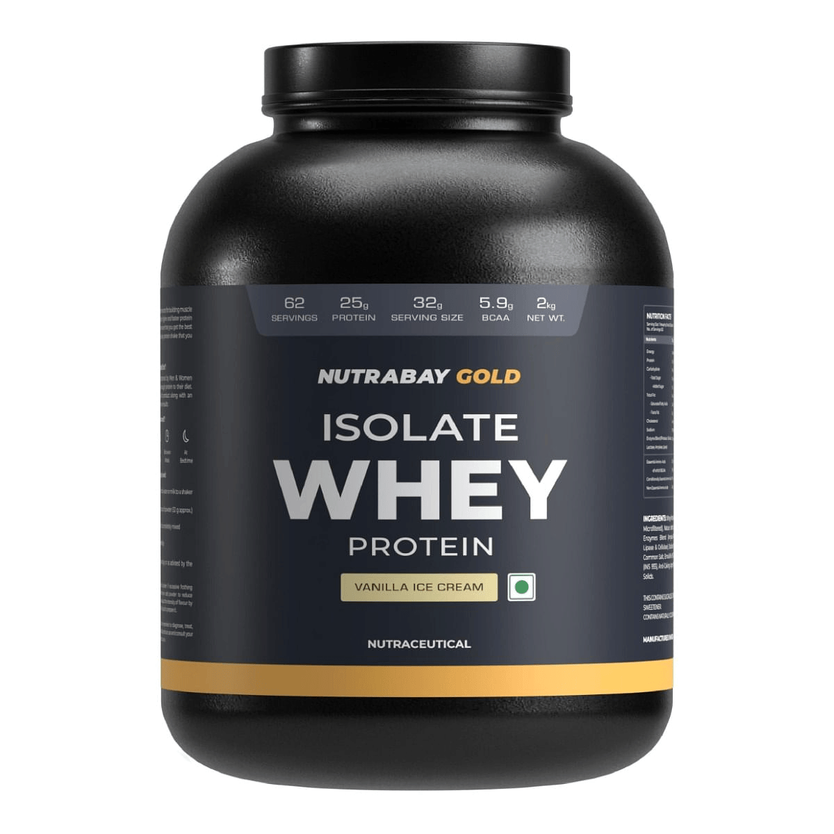 Nutrabay Gold 100% Whey Protein Isolate with Digestive Enzymes - 25g Protein | Protein Powder for Muscle Support & Recovery - Vanilla Icecream, 2 kgs