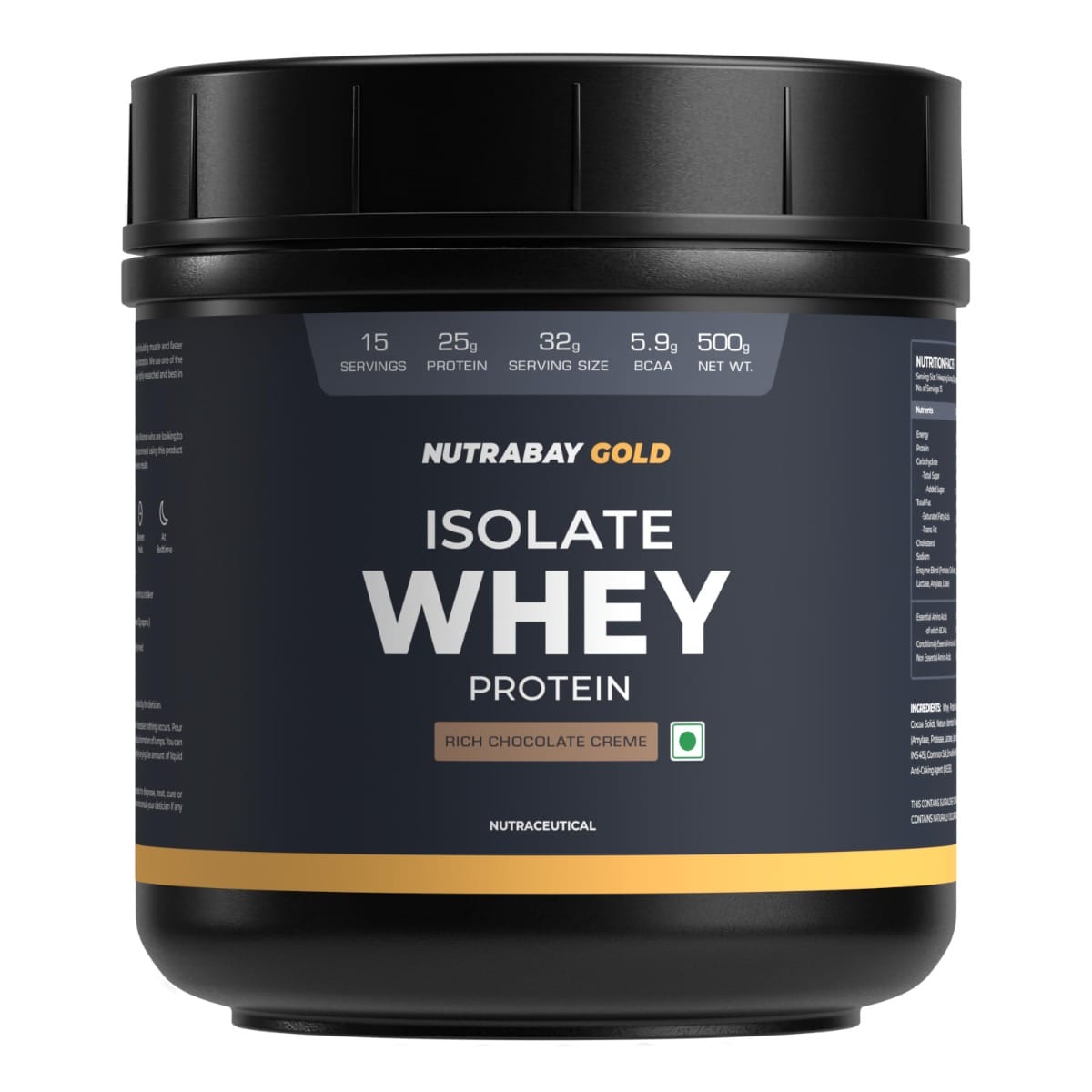 Nutrabay Gold 100% Whey Protein Isolate with Digestive Enzymes - 25g Protein | Protein Powder for Muscle Support & Recovery - Rich Chocolate Crème, 500g