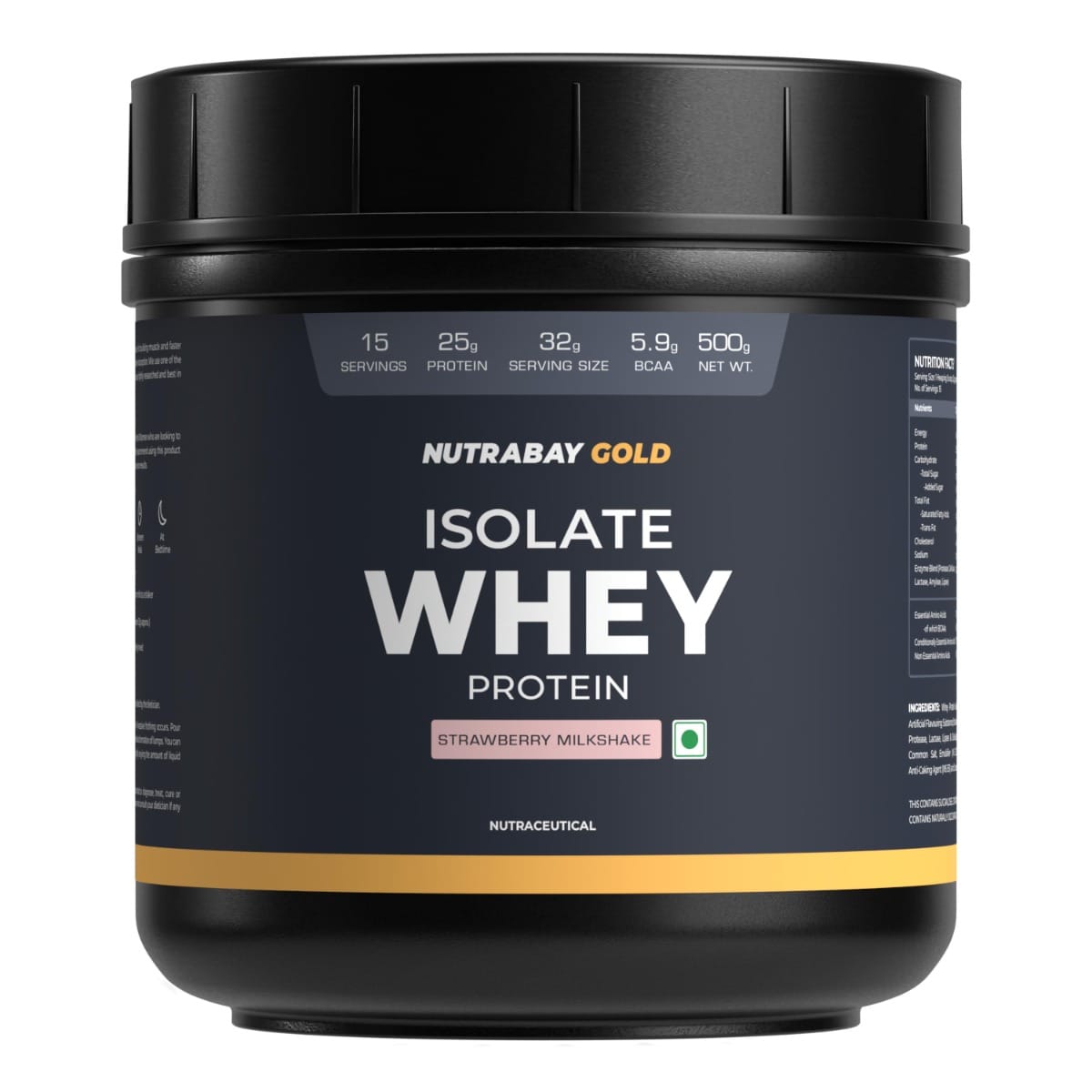 Nutrabay Gold 100% Whey Protein Isolate with Digestive Enzymes - 25g Protein | Protein Powder for Muscle Support & Recovery - Strawberry Milkshake, 500g