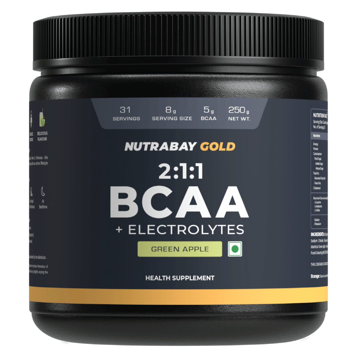 Nutrabay Gold BCAA 2:1:1 with Electrolytes - 5g Vegan BCAAs, Pre/Post Workout Energy Drink - 250g, Orange