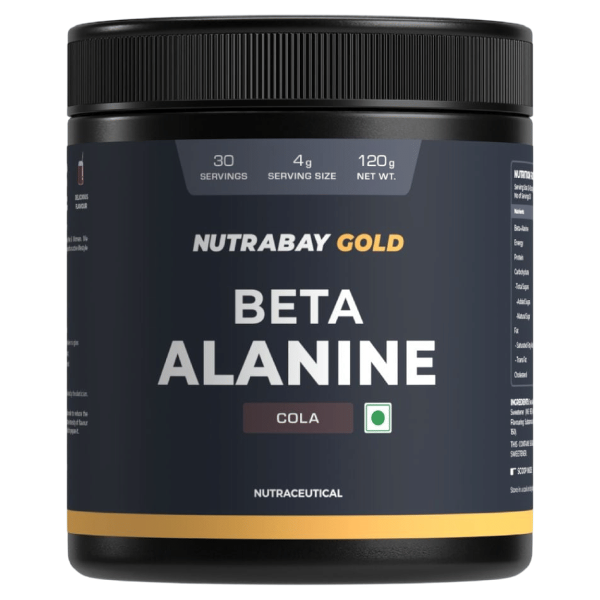 NUTRABAY Gold Beta Alanine | Helps Reduce Muscle Fatigue | Cola Flavour| No Added Sugar | Pre-Workout | 3000mg Per Serve - 120g