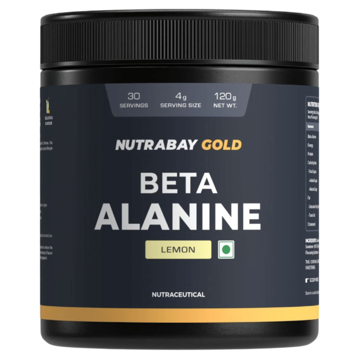 NUTRABAY Gold Beta Alanine | Helps Reduce Muscle Fatigue | Lemon Flavour| No Added Sugar | Pre-Workout | 3000mg Per Serve - 120g