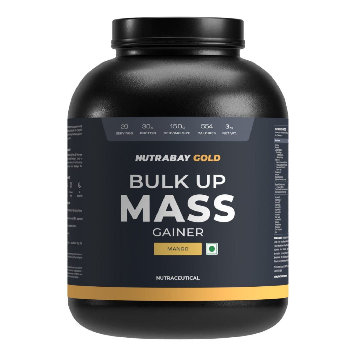 Nutrabay Gold Bulk Up Mass Gainer, Carbs to Protein Blend (3:1), 30g Protein with Digestive Enzymes, Vitamins & Minerals, Weight Gain Supplement - 3kg, Chocolate