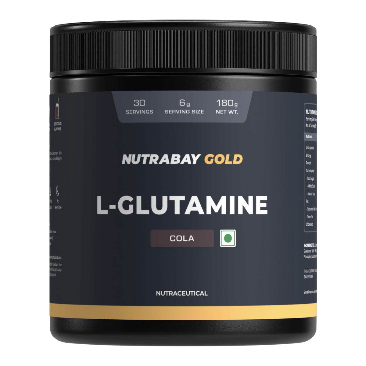 Nutrabay Gold L-Glutamine Supplement Powder - 180g, Cola Flavor | Post Workout Amino Acid for Muscle Growth & Recovery