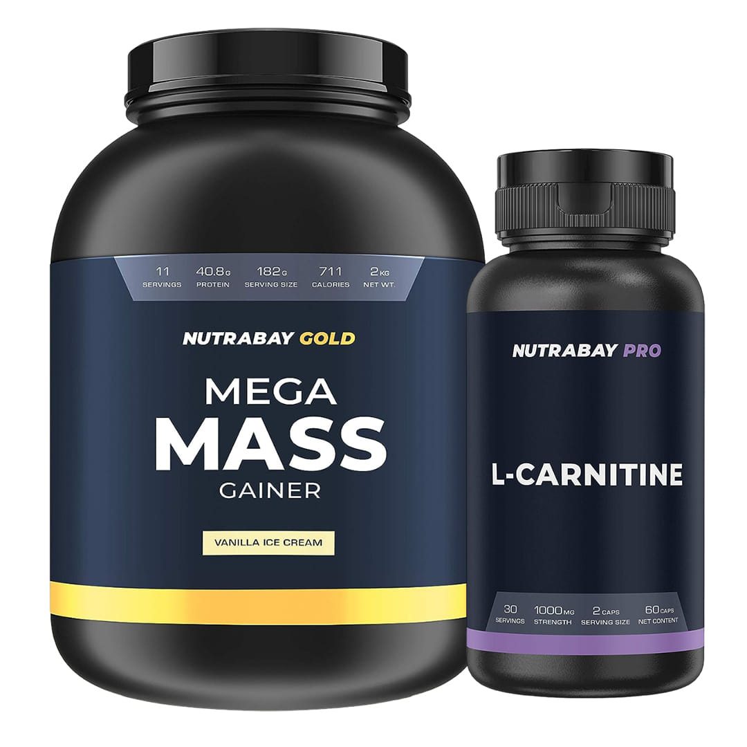 Nutrabay Gold Mega Mass Gainer - 2kg, Vanilla Ice Cream & Nutrabay Pro L-Carnitine - 1000mg, 60 Capsules