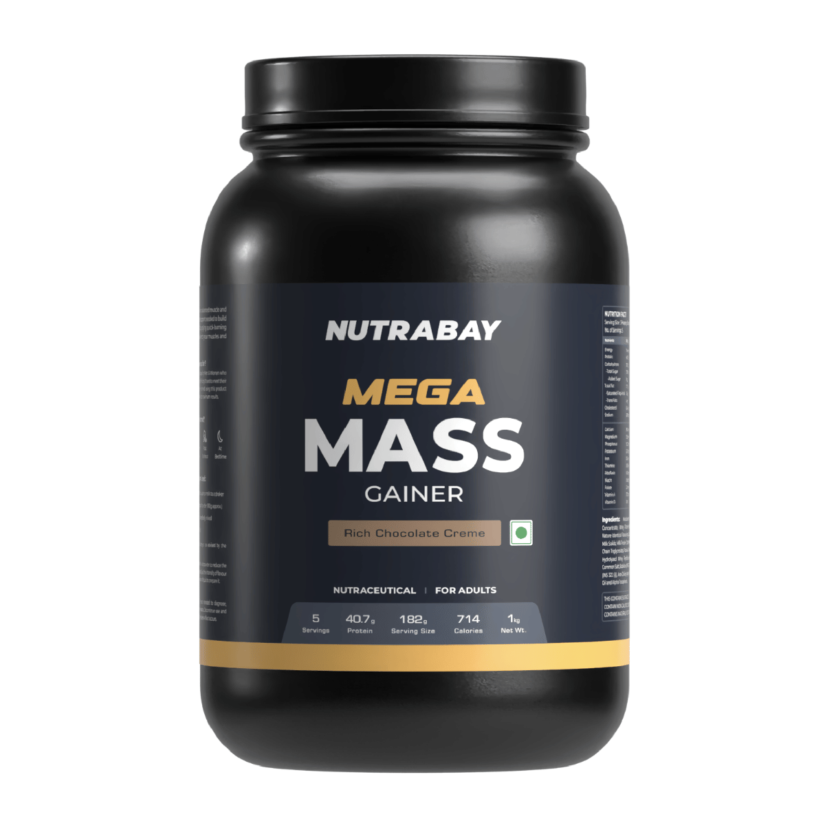 Nutrabay Gold Mega Mass Gainer Protein Supplement Powder - Complex Carbs to Protein Blend (3:1), 40g Protein, 714 Caloreis, 7.8g BCAAs, Easy Digesting Gainer Protein Powder for Men & Women -