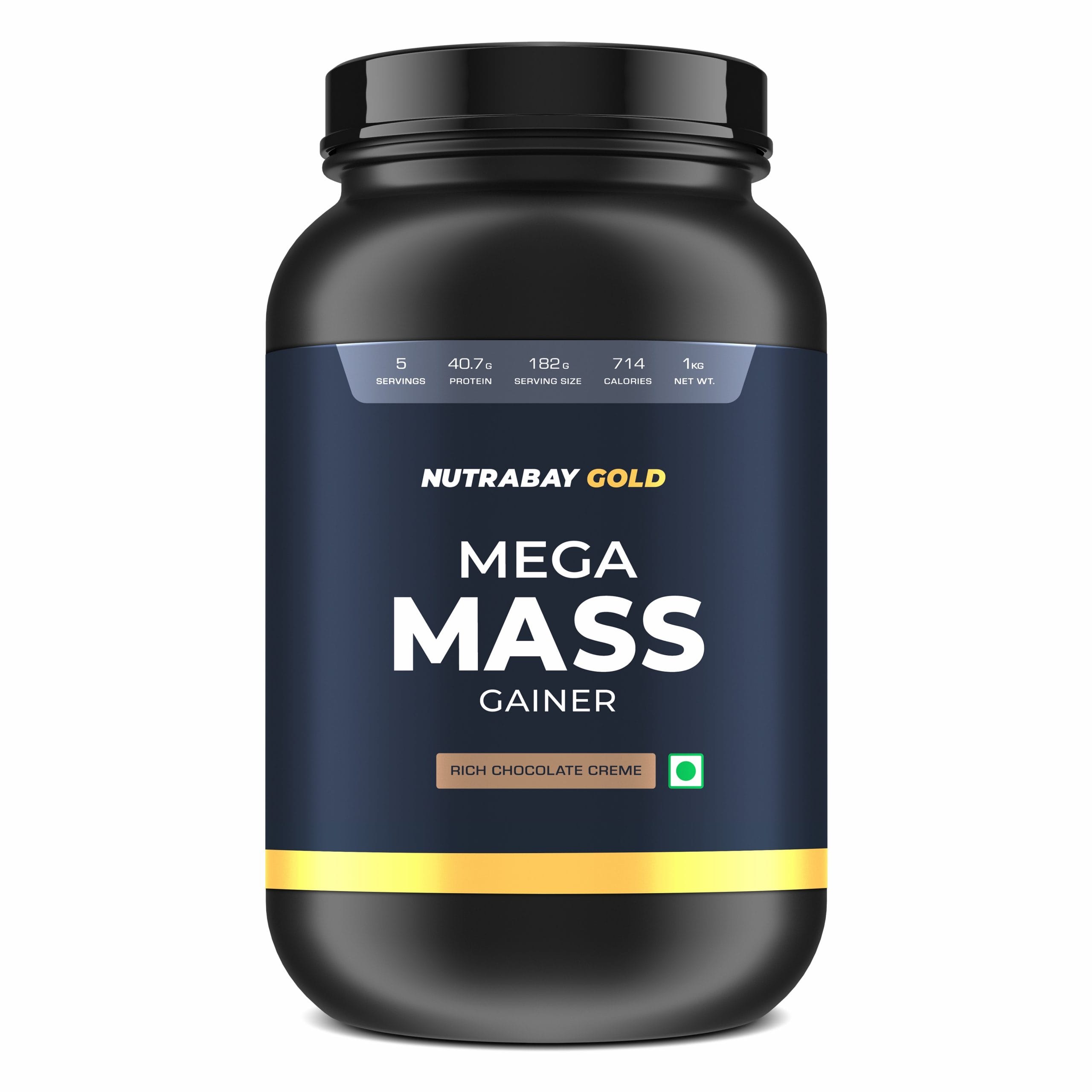 Nutrabay Gold Mega Mass Weight Gainer - 1Kg, Vanilla Ice Cream | Gluten Free, Steroid Free, No Banned Substance, No Added Sugar & Tested For Purity