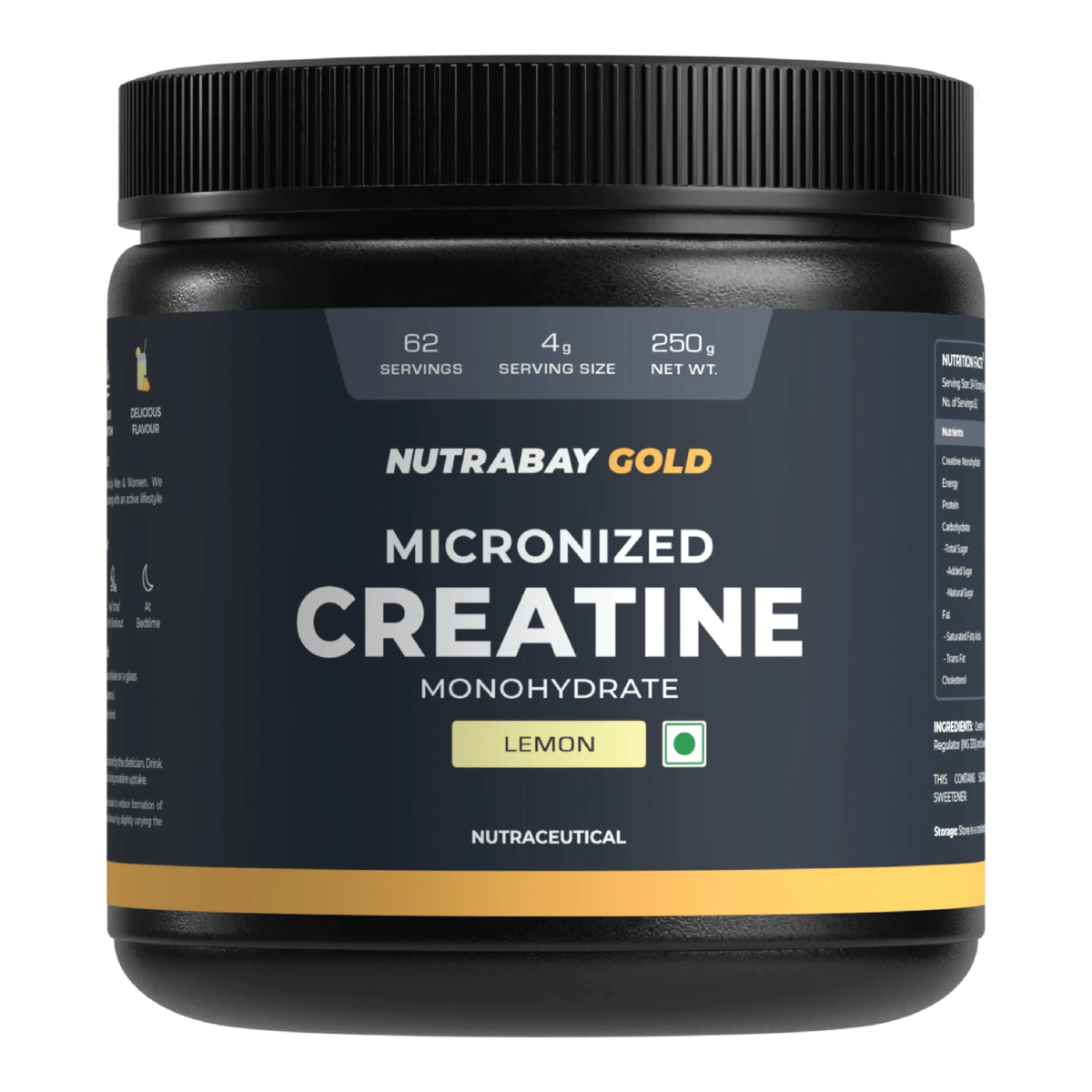 Nutrabay Gold Micronised Creatine Monohydrate 250g | 62 Serving | Lemon Flavor | Greater Strength