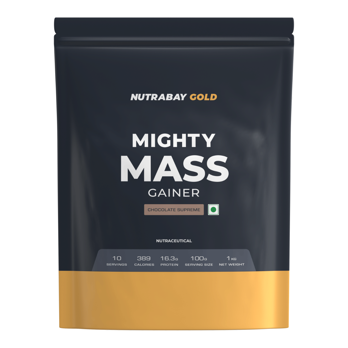 Nutrabay Gold Mighty Mass Gainer with Whey Protein, Digestive Enzymes & Vitamins & Minerals, Weight Gainer Supplement Powder - 1Kg, Chocolate Supreme