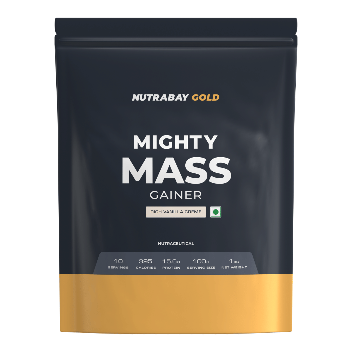 Nutrabay Gold Mighty Mass Gainer with Whey Protein, Digestive Enzymes & Vitamins & Minerals, Weight Gainer Supplement Powder - 1Kg, Rich Vanilla Crème