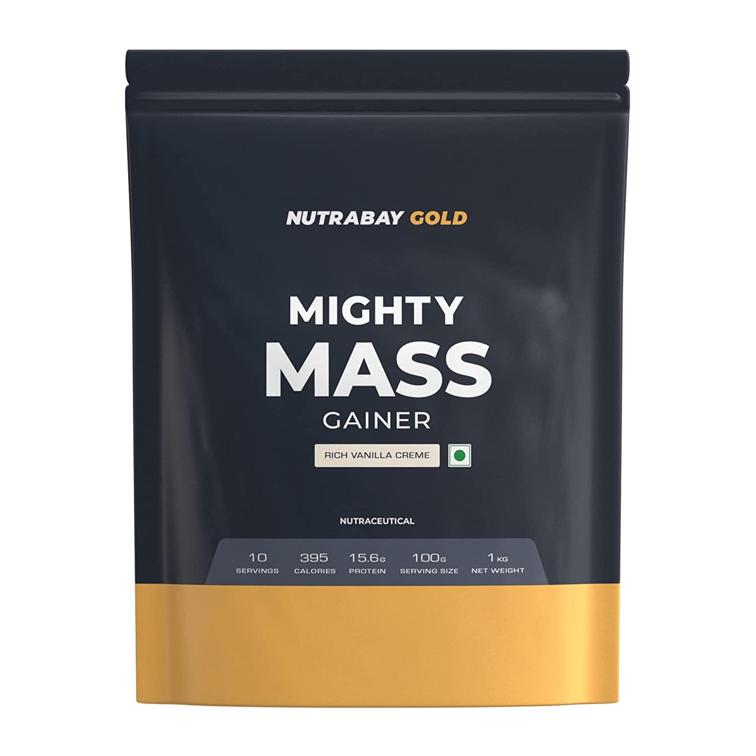 Nutrabay Gold Mighty Mass | Weight Gainer Supplement Powder with Whey Protein & Essential Vitamins Minerals | High Protein, High Calories - Pack of 1Kg, Rich Vanilla Crème