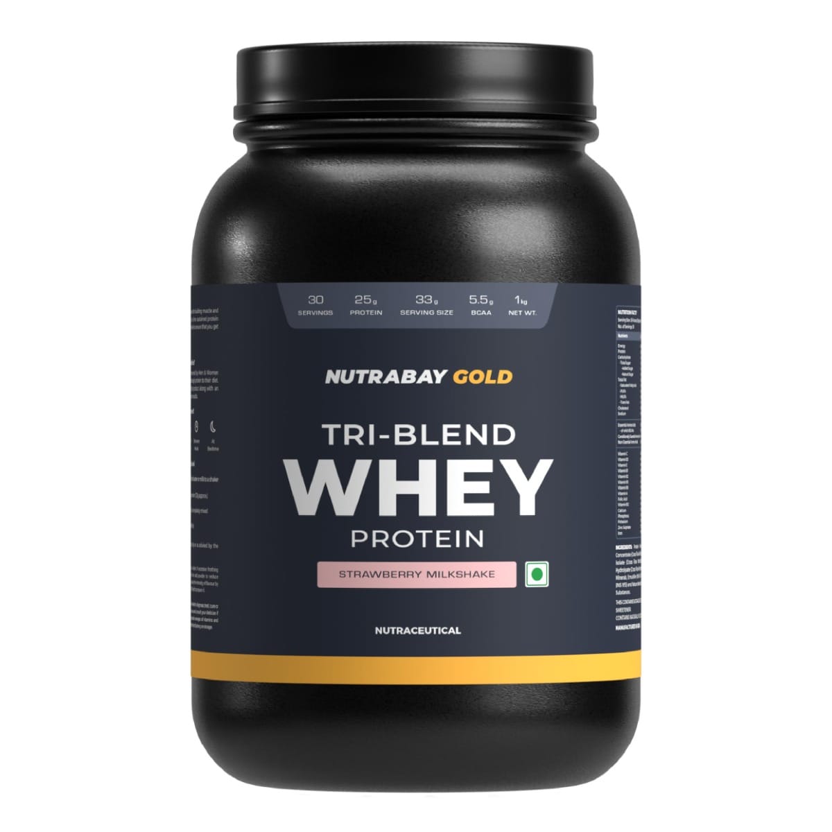 Nutrabay Gold Tri Blend Whey Protein Powder (Hydrolyzed, Isolate & Concentrate) - 25g Protein, 5.5g BCAA - 1Kg, Strawberry Milkshake