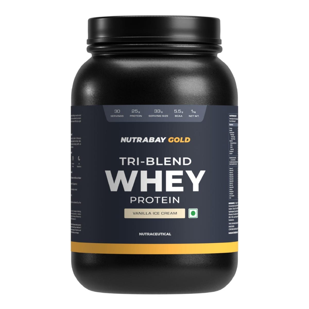 Nutrabay Gold Tri Blend Whey Protein Powder (Hydrolyzed, Isolate & Concentrate) - 25g Protein, 5.5g BCAA - 1Kg, Vanilla Icecream