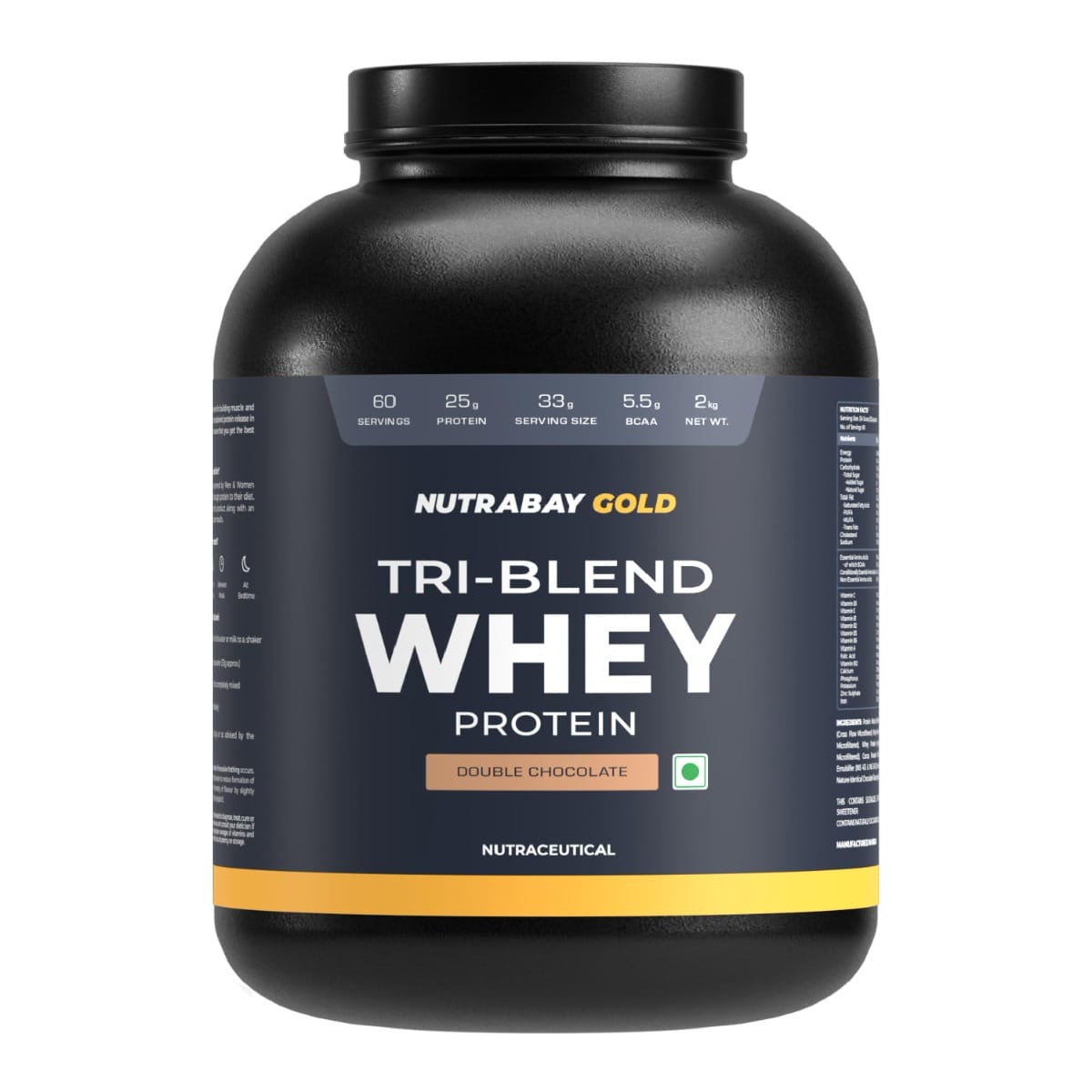 NUTRABAY Gold Tri Blend Whey Protein Powder - 2Kg, 60 Servings (Hydrolyzed, Isolate & Concentrate) | 25g Protein, 5.6g BCAA, 4.2g Glutamic Acid| Muscle Growth & Recovery