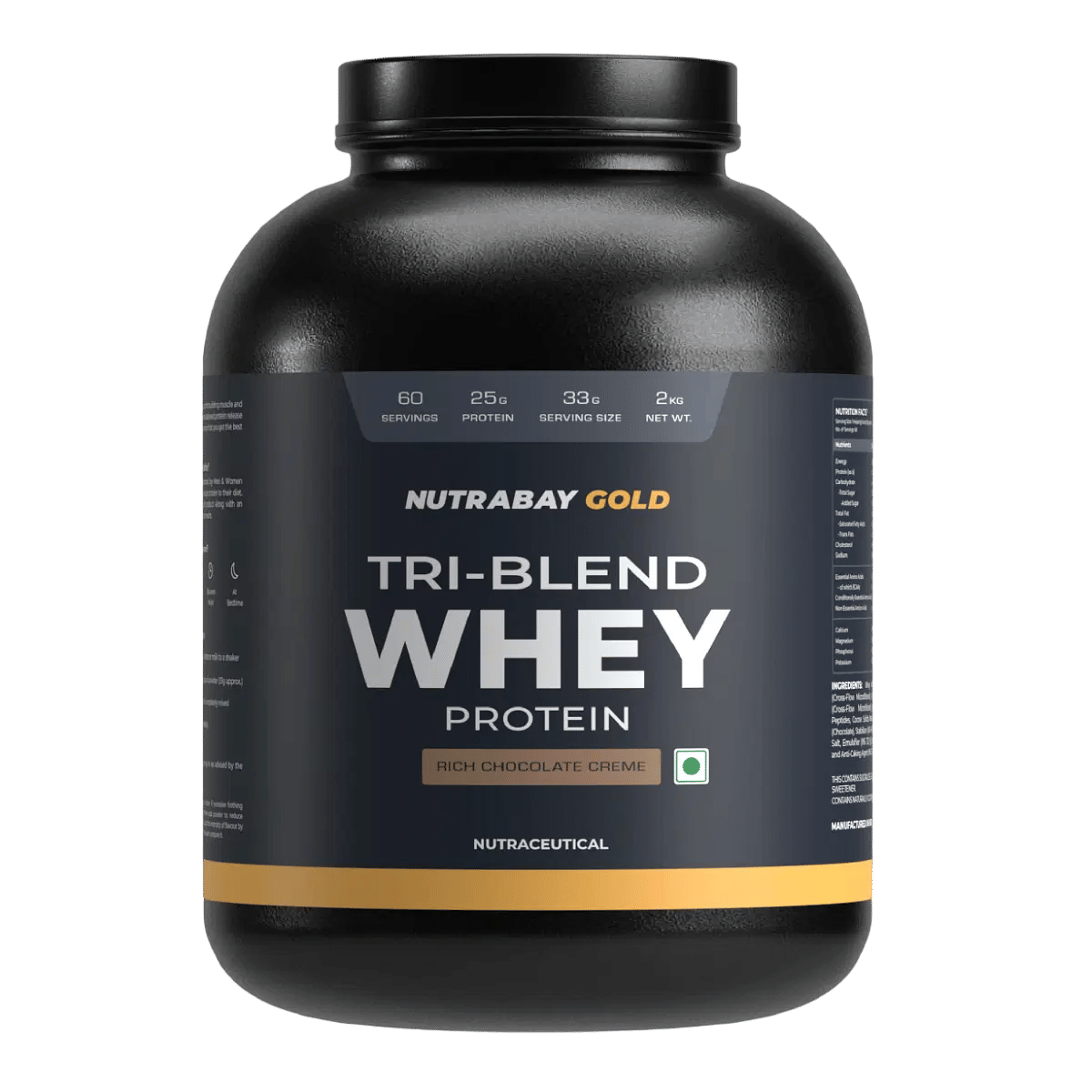 Nutrabay Gold Tri Blend Whey Protein Powder - 2Kg, Rich Chocolate Crème - 60 Servings (Hydrolyzed, Isolate & Concentrate) | 25G Protein, 5.6G Bcaa, 4.2G Glutamic Acid