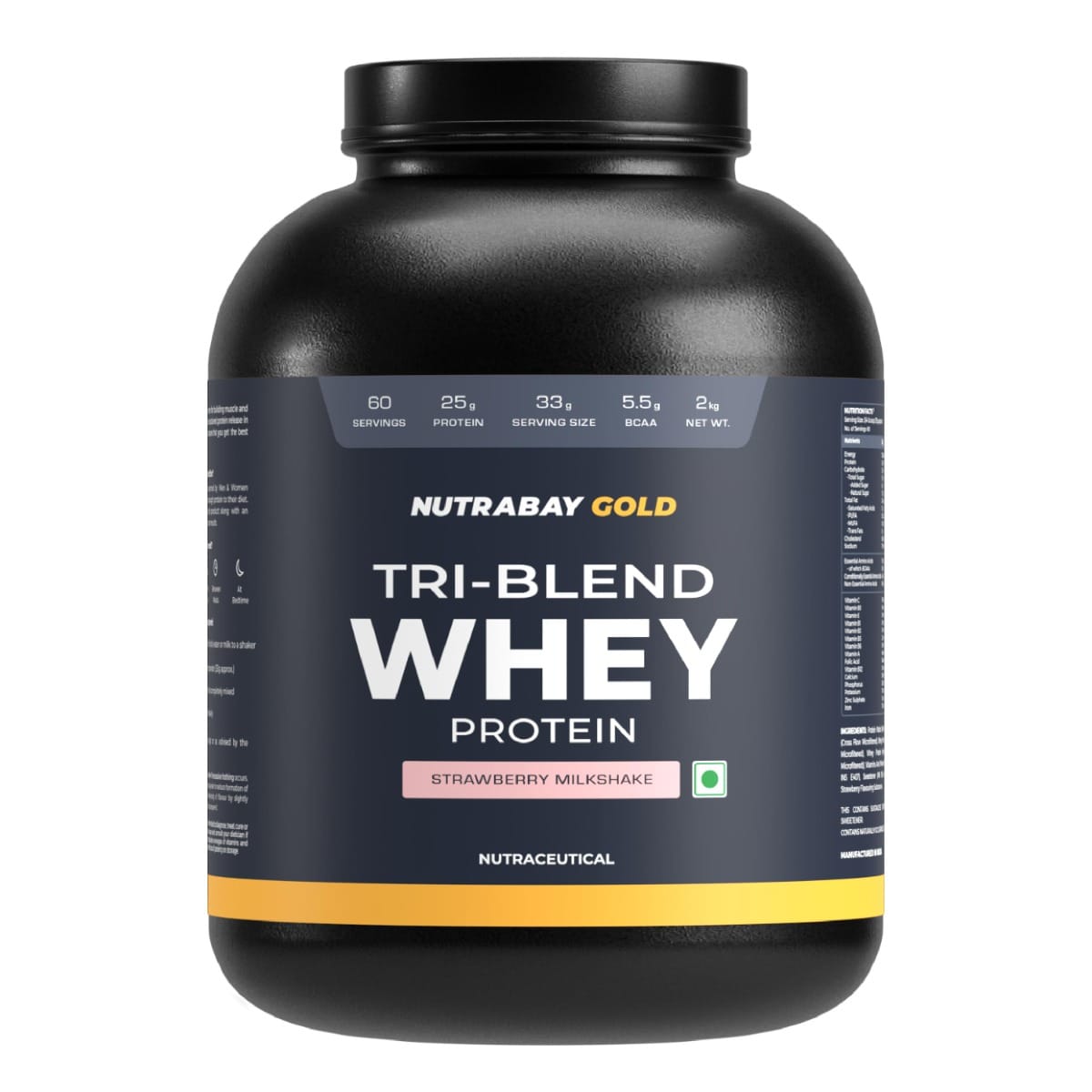 Nutrabay Gold Tri Blend Whey Protein Powder (Hydrolyzed, Isolate & Concentrate) - 25g Protein, 5.5g BCAA - 2Kg, Strawberry Milkshake