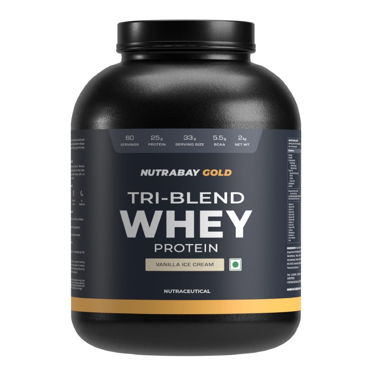 Nutrabay Gold Tri Blend Whey Protein Powder (Hydrolyzed, Isolate & Concentrate) - 25g Protein, 5.5g BCAA - 2Kg, Vanilla Icecream