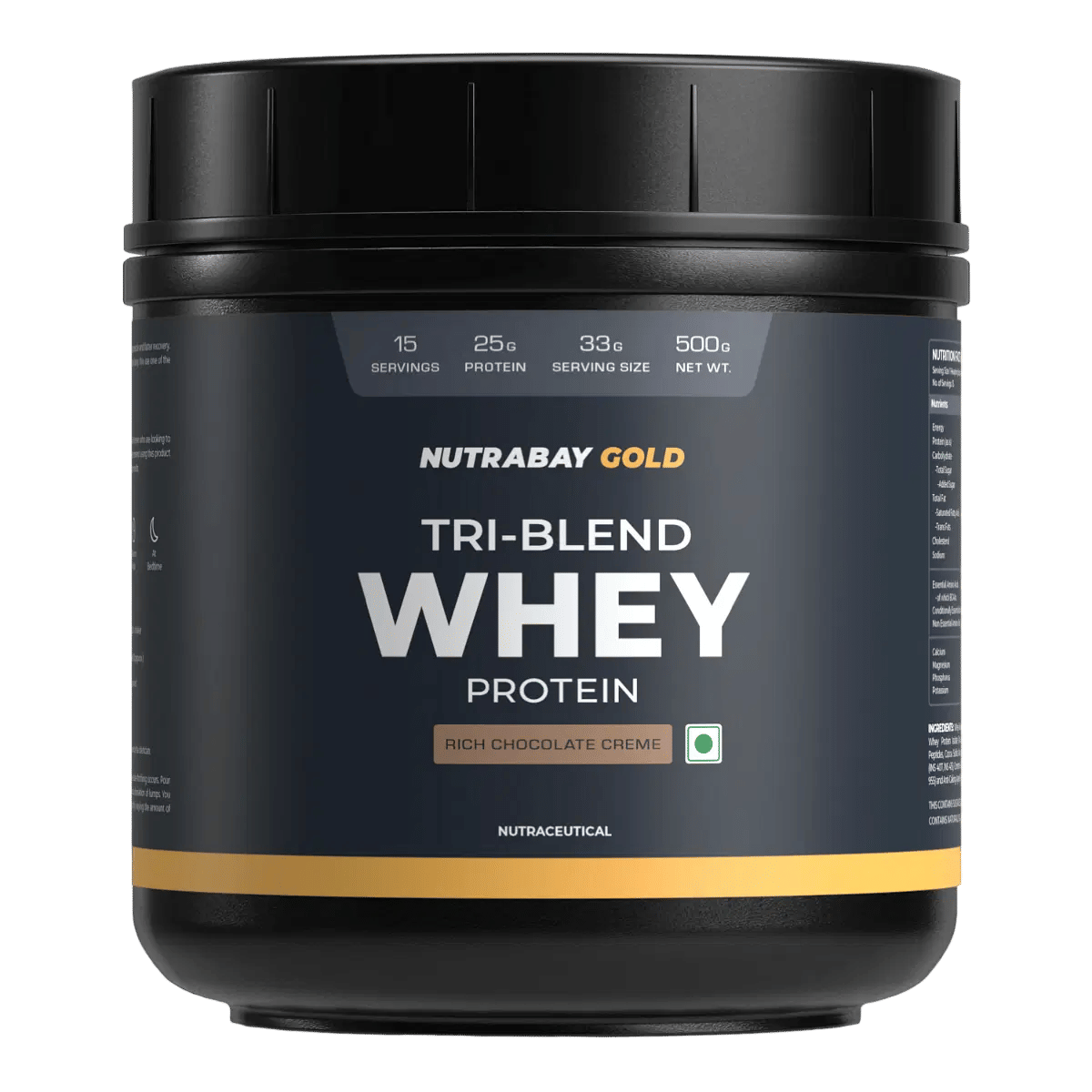 Nutrabay Gold Tri Blend Whey Protein Powder - 500G, Rich Chocolate Crème - 15 Servings (Hydrolyzed, Isolate & Concentrate) | 25G Protein, 5.6G Bcaa, 4.2G Glutamic Acid