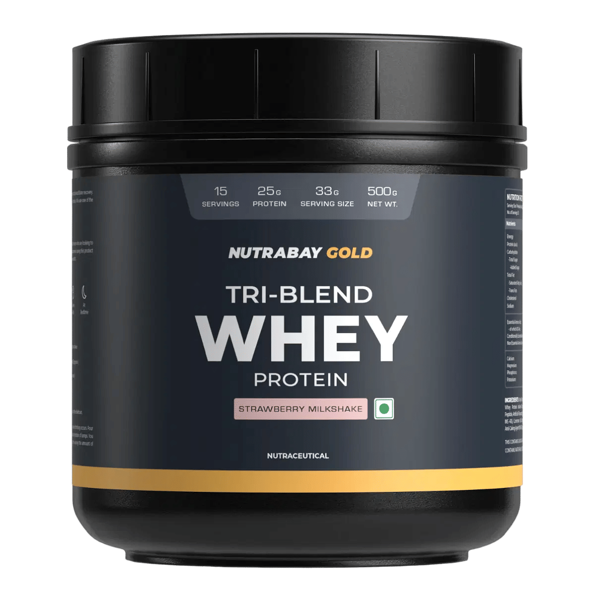 Nutrabay Gold Tri Blend Whey Protein Powder - 500G, Strawberry Milkshake - 15 Servings (Hydrolyzed, Isolate & Concentrate) | 25G Protein, 5.6G Bcaa, 4.2G Glutamic Acid