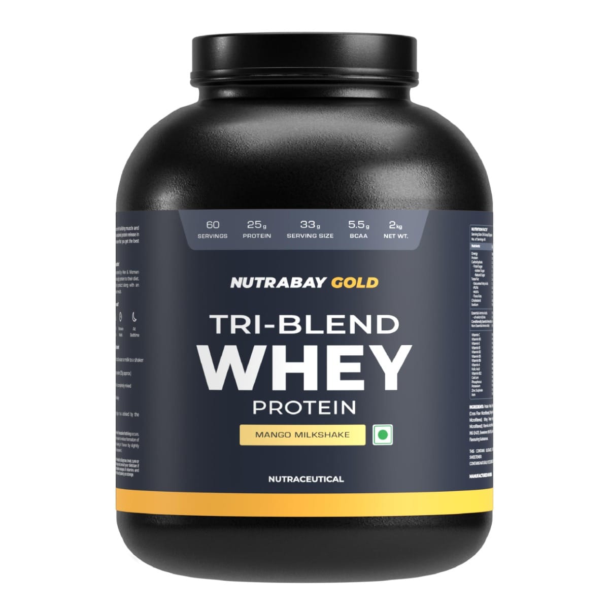 Nutrabay Gold Tri Blend Whey Protein Powder (Hydrolyzed, Isolate & Concentrate) - 25g Protein, 5.5g BCAA - 2Kg, Mango Milkshake