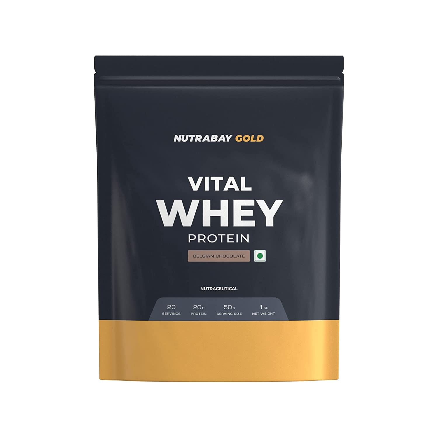 Nutrabay Gold Vital Whey Protein (1kg, Belgian Chocolate) for Beginners with Vitamins & Minerals 20.4g Protein | Gym Supplement Protein Powder for Men & Women