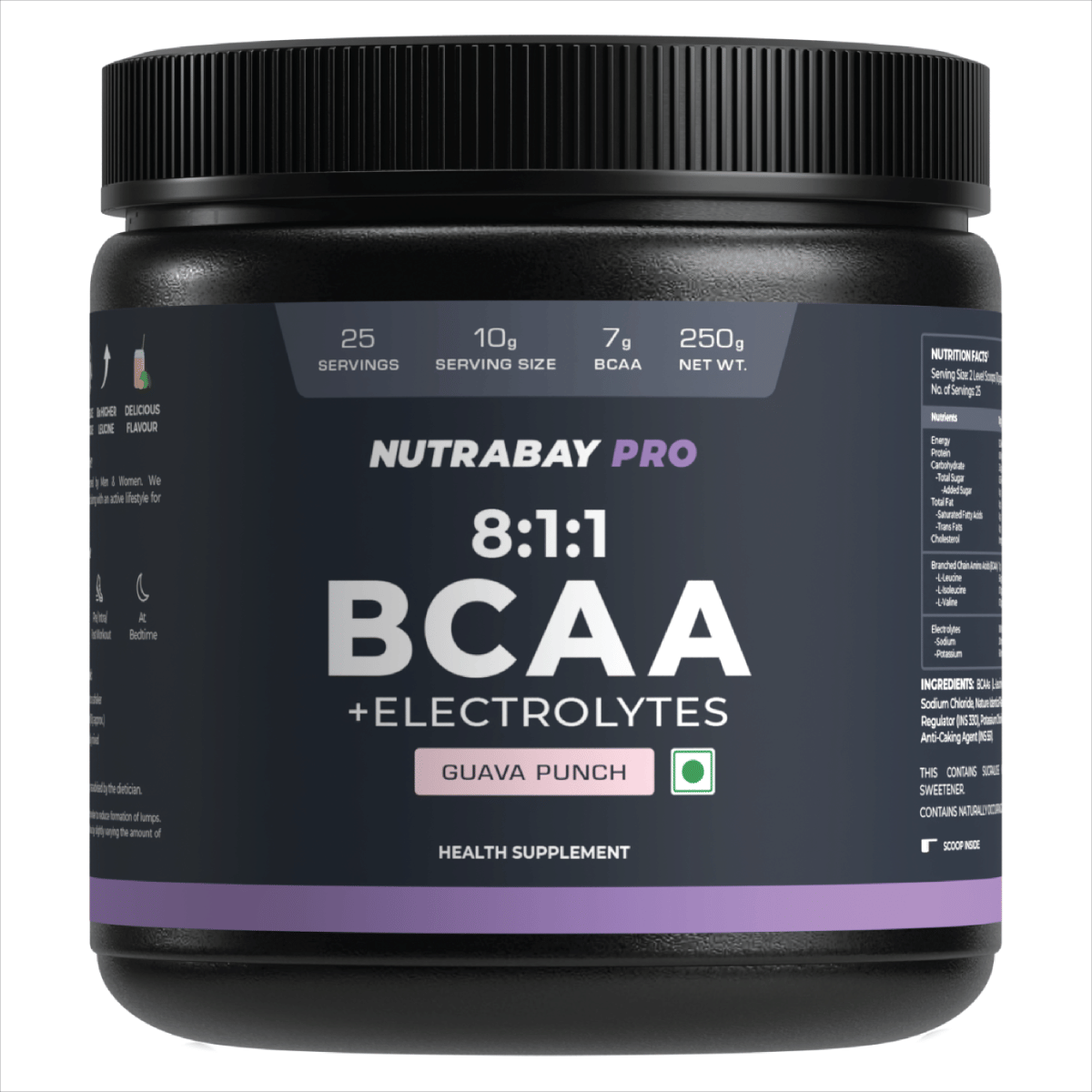 Nutrabay PRO BCAA 8:1:1 with Electrolytes - 7g Vegan BCAAs, 1000 mg Electrolytes - Intra/Post Workout Energy Drink - 250g, Lemon Lime
