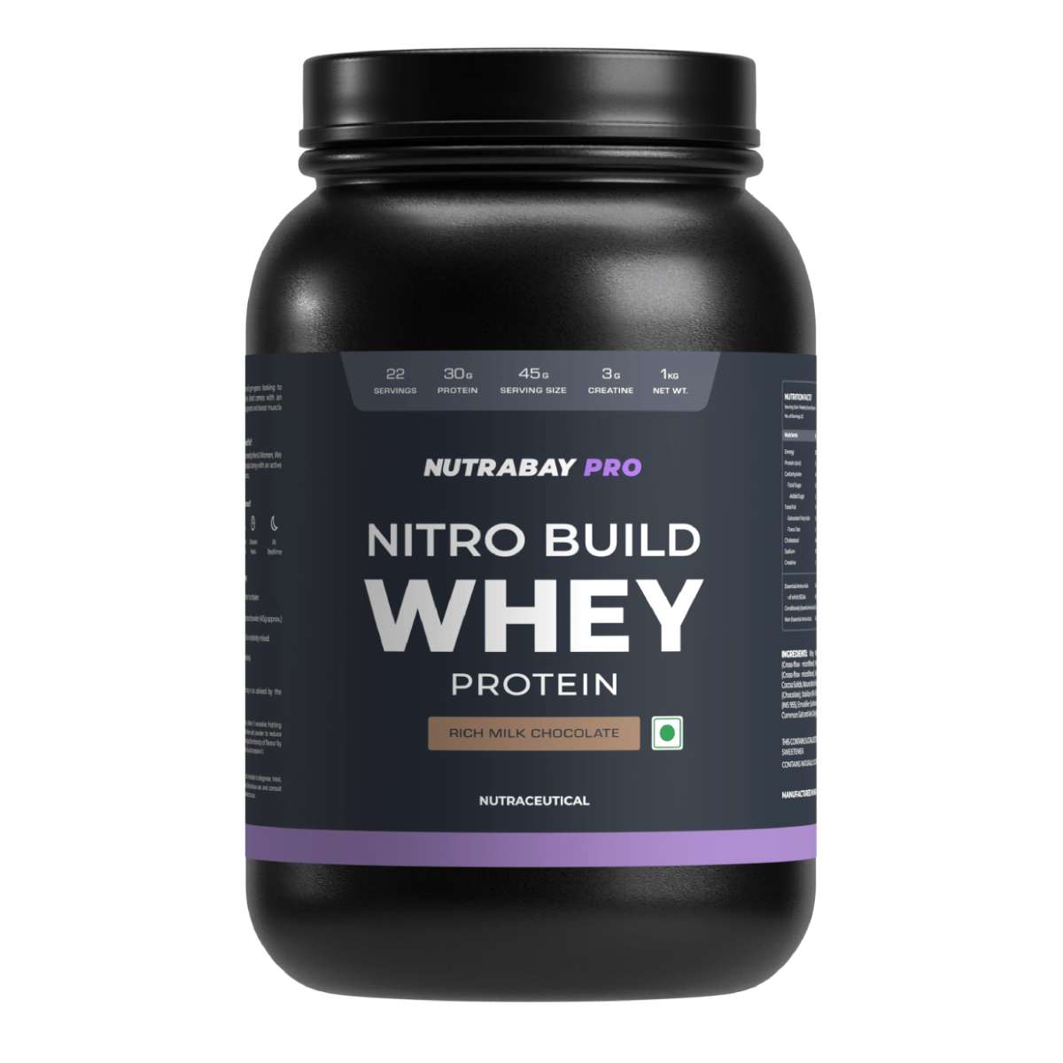Nutrabay Pro Nitro Build Whey Protein | 30g Protein, 3g Creatine, BCAA 6.4g | Muscle Growth & Recovery | Gym Supplement for Men and Women - 1Kg, Rich Milk Chocolate