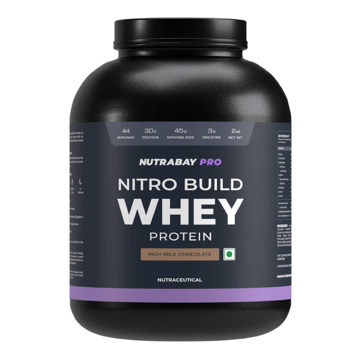 Nutrabay Pro Nitro Build Whey Protein | 30g Protein, 3g Creatine, BCAA 6.4g | Muscle Growth & Recovery | Gym Supplement for Men and Women - 2Kg, Rich Milk Chocolate