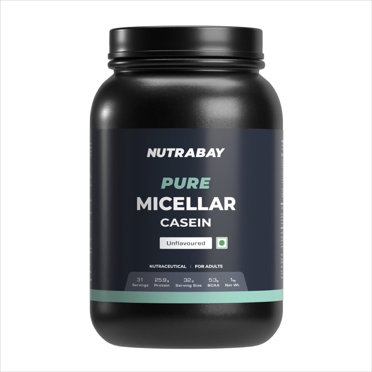 Nutrabay Pure 100% Micellar Casein Protein - 1kg Unflavoured | 25.9g Protein & 5.3g BCAA, Slow Digesting Anti-Catabolic Protein, Builds Lean Muscle & Aids Recovery | Protein Supplement for