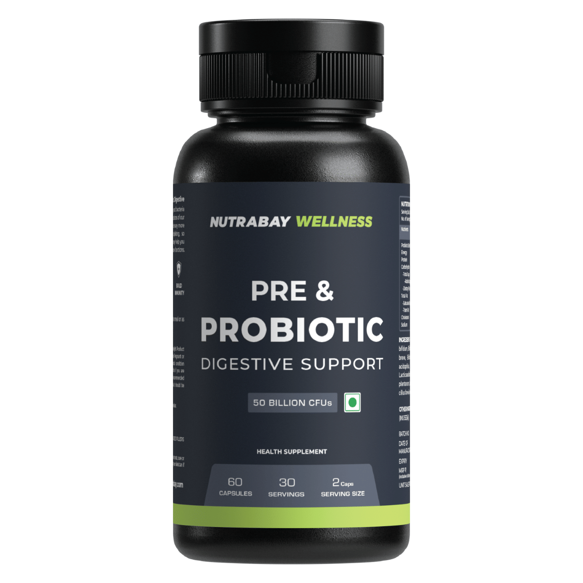 Nutrabay Wellness Pre & Probiotic Digestive Support 50 Billion Cfus - 60 Veg Capsules | Improves Digestion & Immunity | Probiotic Supplement For Men And Women