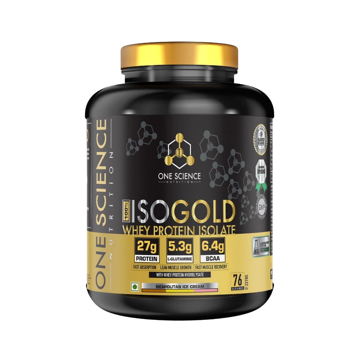 ONE SCIENCE NUTRITION Iso Gold Whey Protein 5 Lbs - 27G Protein, 5.3G Glutamine, 6.4G BCAA - Neapolitan Ice Cream 2.27kg