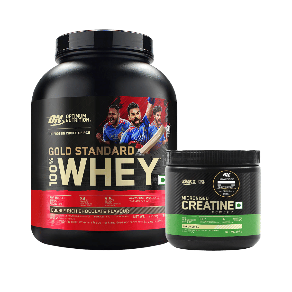 Optimum Nutrition (ON) Gold Standard 100% Whey Protein Powder 2.27 kg - Double Rich Chocolate & Optimum Nutrition (ON) Micronized Creatine Powder - 250 Gram, Unflavored