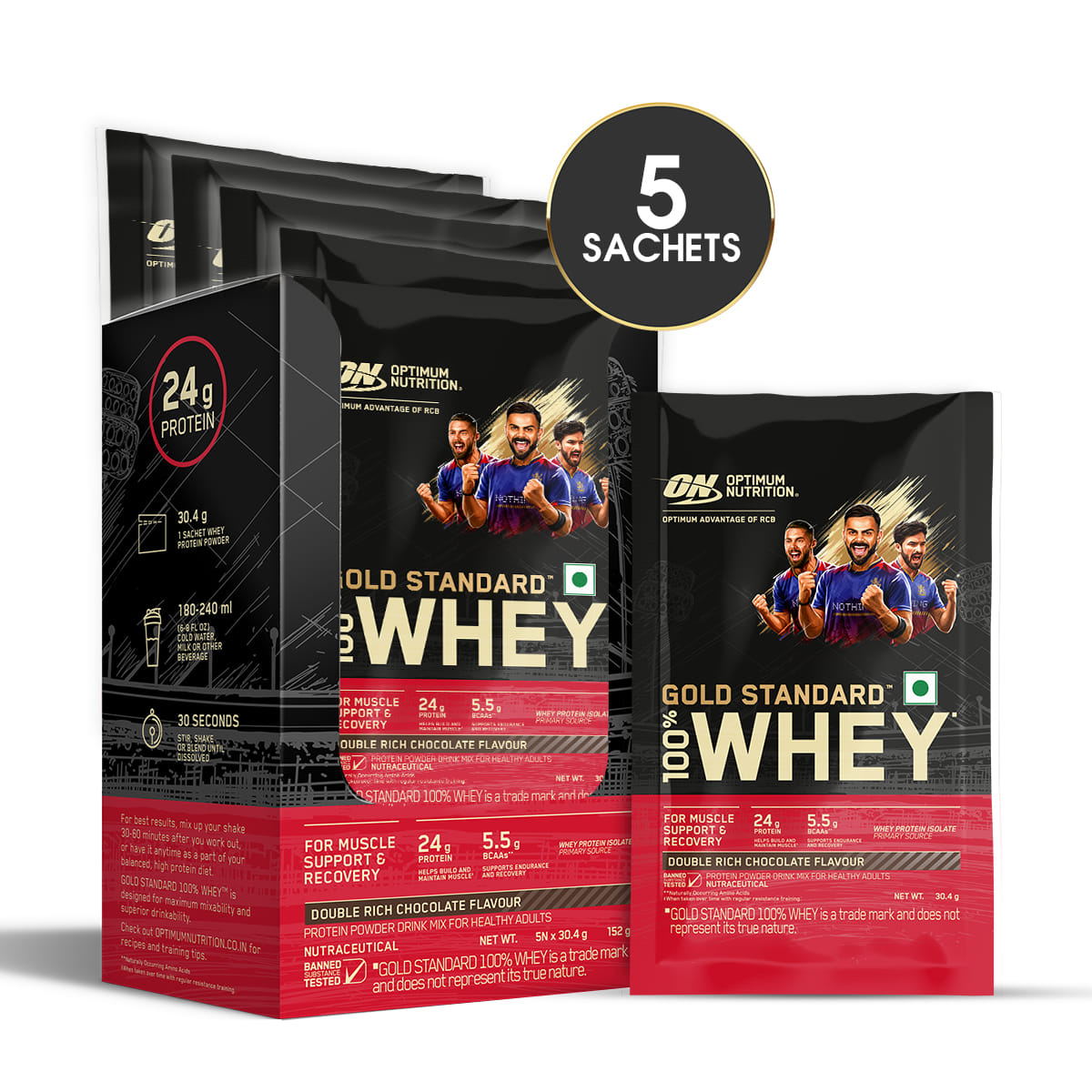 Optimum Nutrition (ON) Gold Standard 100% Whey Protein Powder- 5 X 30.4 g Single Serve Sachets (Double Rich Chocolate), for Muscle Support & Recovery, Vegetarian - Primary Source Whey Isolat