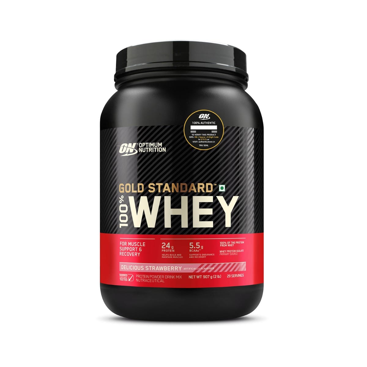 Optimum Nutrition (ON) Gold Standard 100% Whey Protein Powder (Delicious Strawberry), for Muscle Support & Recovery, Vegetarian - Primary Source Whey Isolate