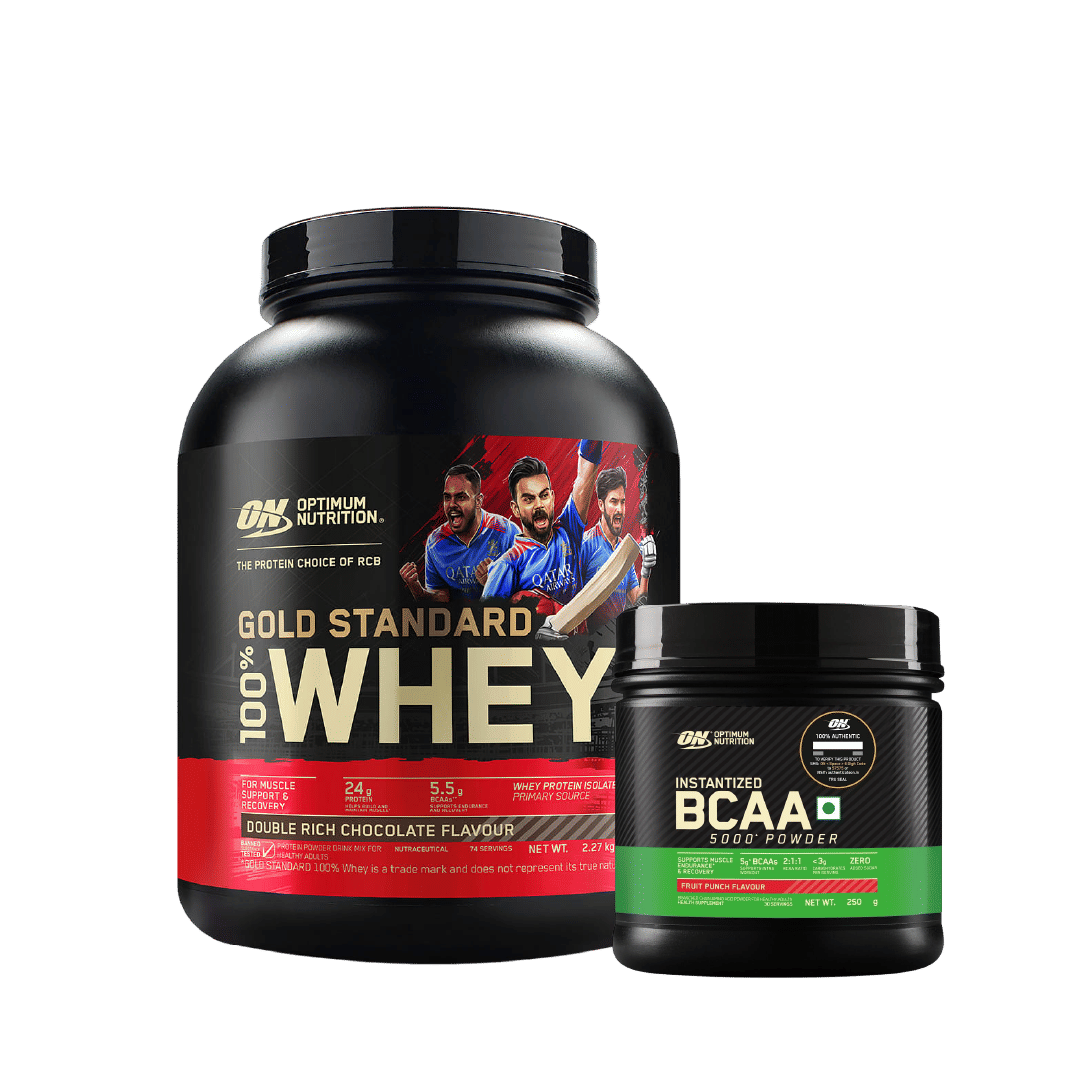 Optimum Nutrition (ON) Gold Standard 100% Whey Protein Powder - 5 lb, 2.27 kg - Double Rich Chocolate & Optimum Nutrition BCAA, 5g BCAAs in 2:1:1 Ratio, 30 servings, (250gm, Fruit Punch) (Co