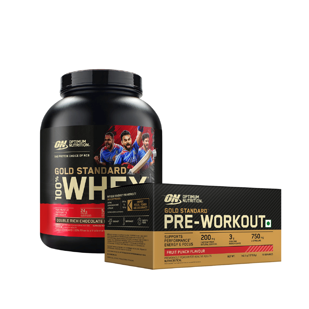 Optimum Nutrition (ON) Gold Standard 100% Whey Protein Powder - 5 lb, 2.27 kg - Double Rich Chocolate & Optimum Nutrition (ON) Gold Standard Pre-Workout- 142.5g/15 single serve packs (Fruit 