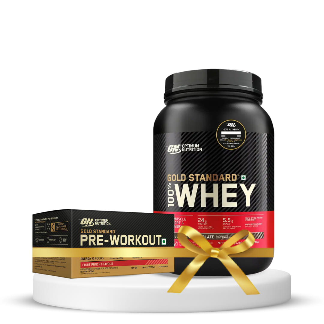Optimum Nutrition (ON) Gold Standard 100% Whey Protein Powder 2 lbs, 907 g (Double Rich Chocolate) & Optimum Nutrition (ON) Gold Standard Pre-Workout- 142.5g/15 single serve packs (Fruit Pun
