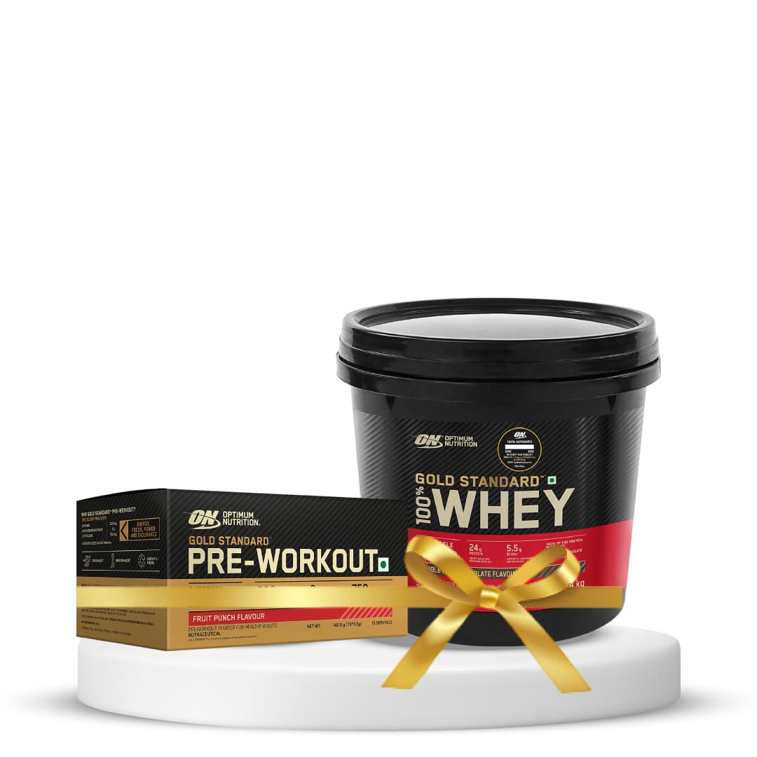 Optimum Nutrition (ON) Gold Standard 100% Whey Protein Powder 4 Kg (Double Rich Chocolate) & Optimum Nutrition (ON) Gold Standard Pre-Workout- 142.5g/15 single serve packs (Fruit Punch Flavo
