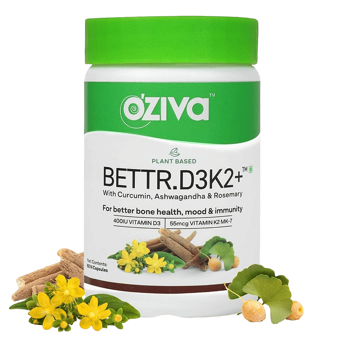 OZiva Bettr.D3K2+ (Plant based Vitamin D3 K2 with Curcumin, Ashwagandha & Rosemary) for Anti-Inflammation, Mood & Immunity, 60 veg Capsules, Certified Vegan