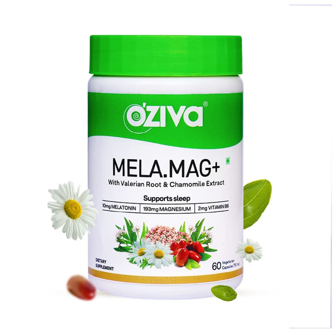 OZiva Mela.Mag+ (10mg Melatonin, Magnesium, Vitamin B6 with Valerian Root, Chamomile Extract) for Healthy & Deep sleep, 60 Veg Capsules