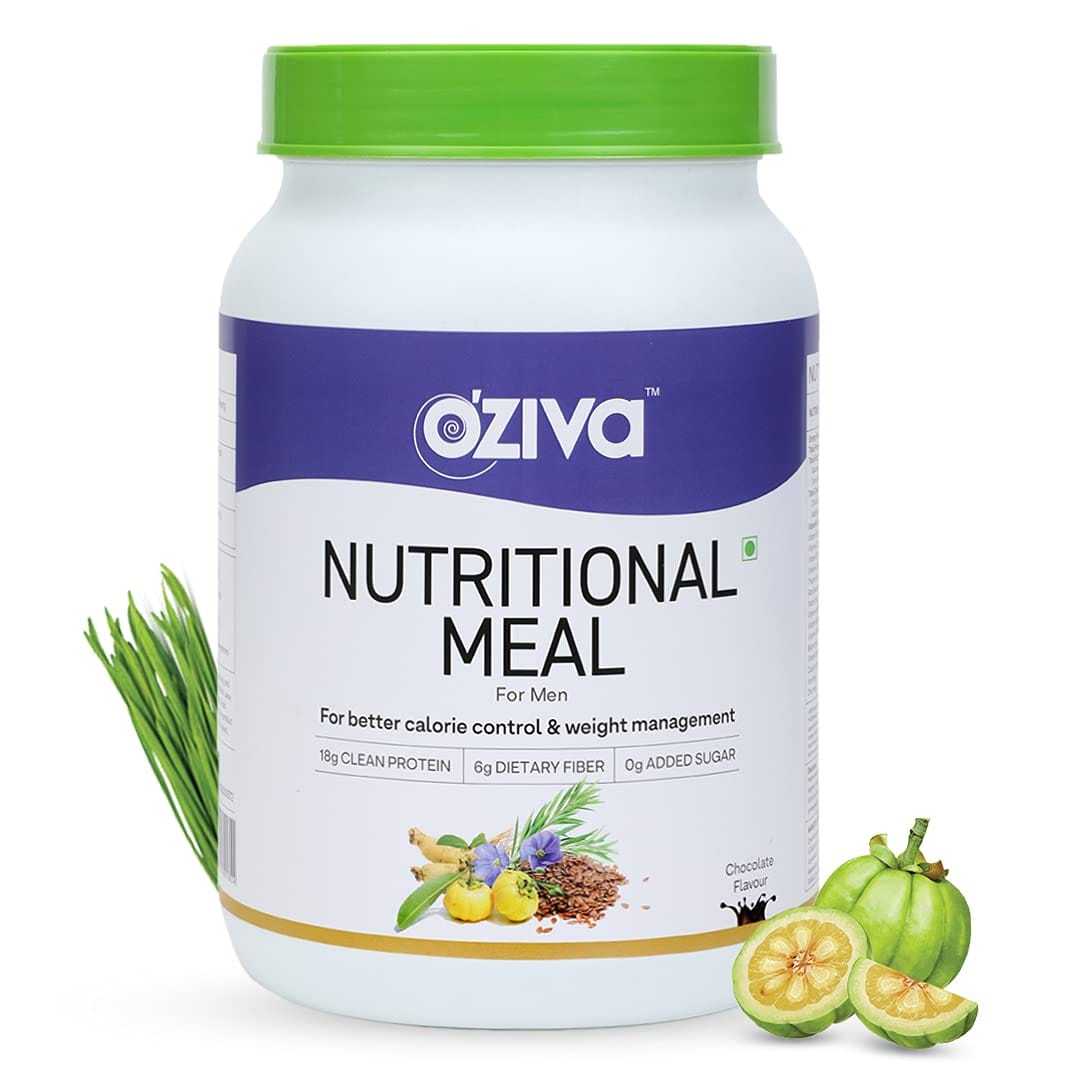 OZiva Nutritional Meal for Men (High in Protein with Ayurvedic Herbs like Ashwagandha, Ginseng, Flax Seeds, Pomegranate, Musli & Barley Grass) for Weight Management,Chocolate,1kg