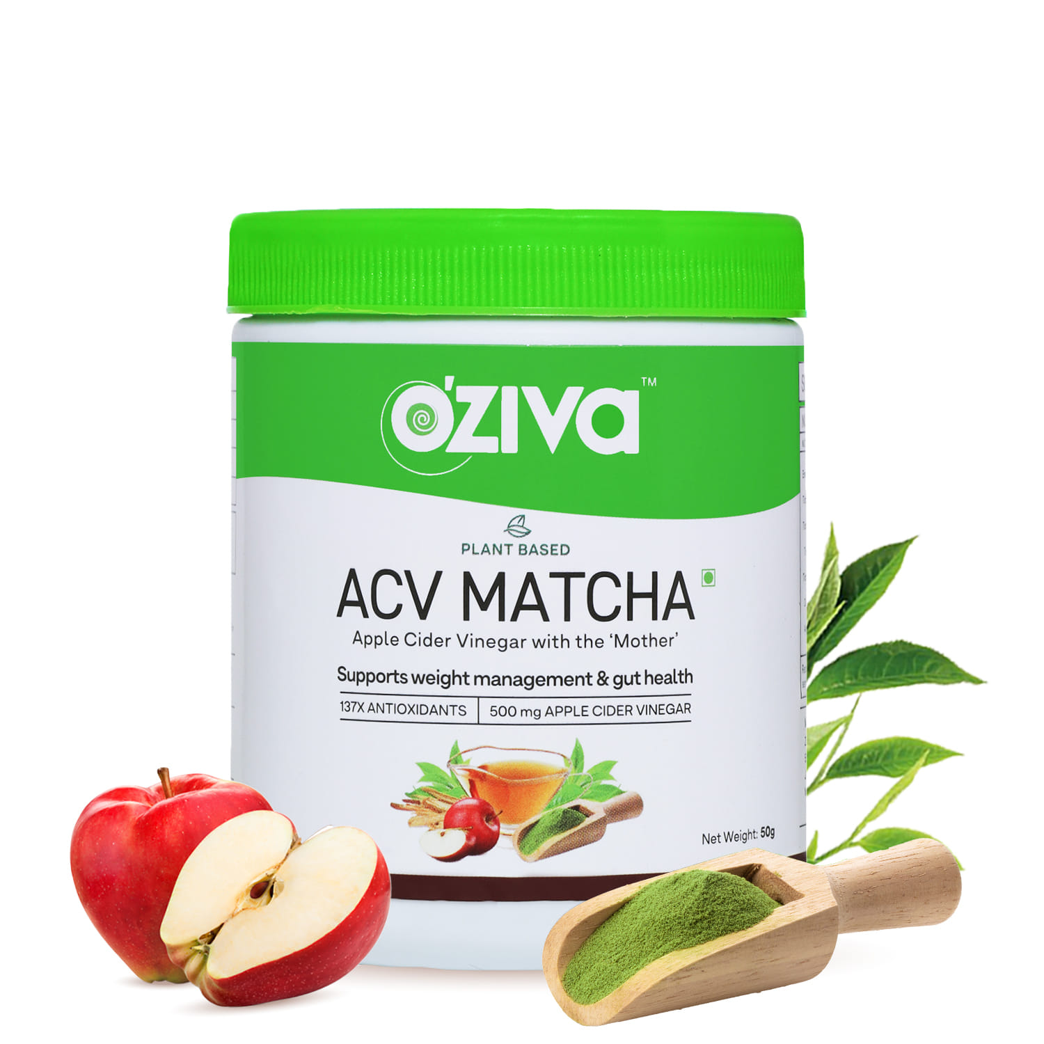 Oziva Plant Based Apple Cider Vinegar Matcha (Apple Cider Vinegar With Mother And Matcha Tea) For Weight Management, Metabolism & Gut Health | 50 Grams