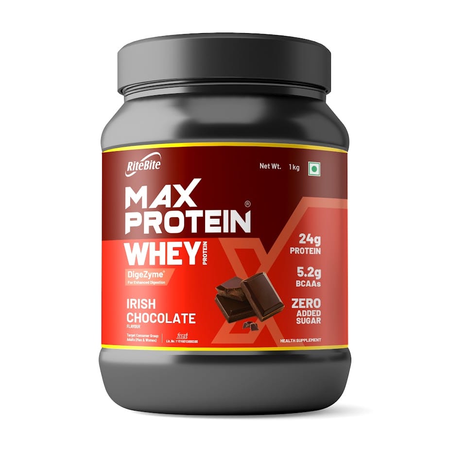 RiteBite Max Protein Whey Protein Irish Chocolate 1Kg| 30 Servings| DigeZyme for Enhanced Digestion | 25g Protein | 5.2g BCAAs | Zero Added Sugar | For Adults (Men & Women) | Gluten Free| 10